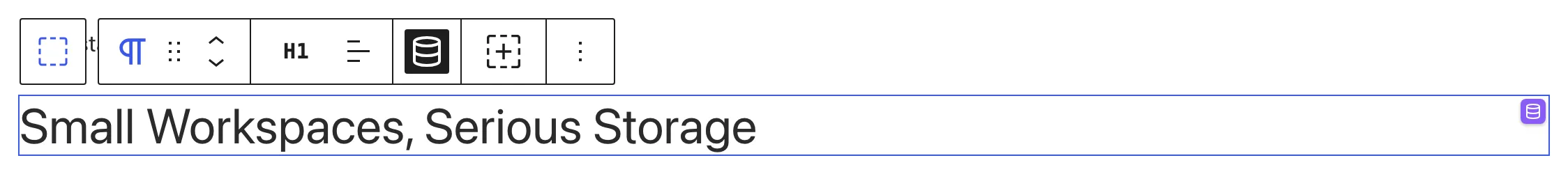 The Text block shows the applied post title Small Workspaces, Serious Storage and the active Dynamic data button in its toolbar.