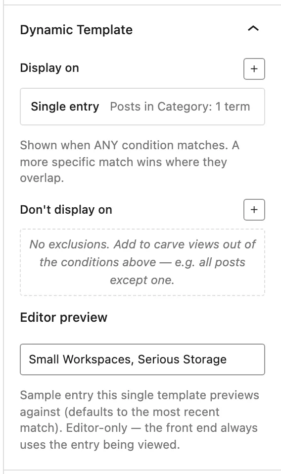 The Dynamic Template document tab shows Display on set to posts in the Interior design category, no exclusions, and Editor preview set to Small Workspaces, Serious Storage.