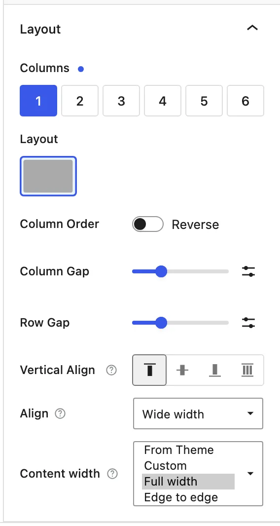 The Section Layout panel shows Wide width alignment and the Content width menu with From Theme, Custom, Full width, and Edge to edge.
