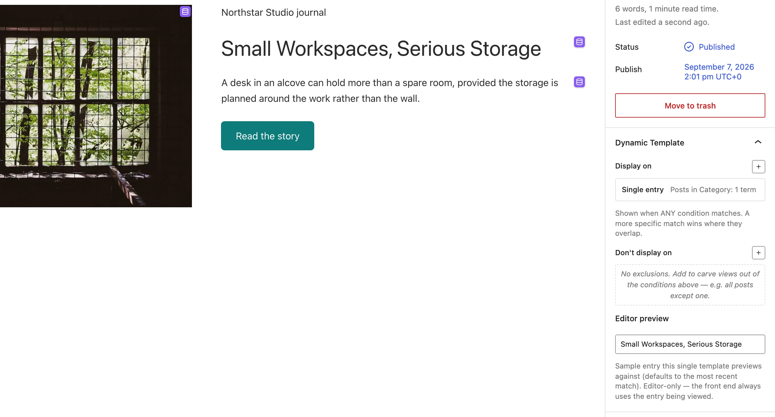 The published Northstar blog posts template shows dynamic post content on the canvas and a Single entry condition with Editor preview in the Dynamic Template document tab.