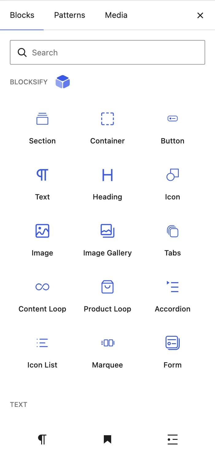 The Blocksify category in the block inserter shows the available Blocksify block tiles for a new page.