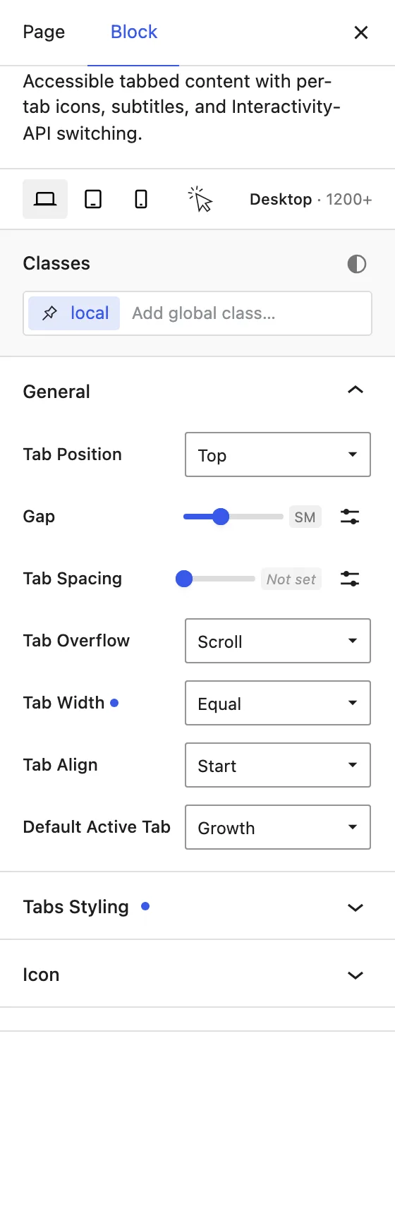 The Blocksify inspector shows a flat list of block panels for scanning layout, color, spacing, interaction, and advanced settings.
