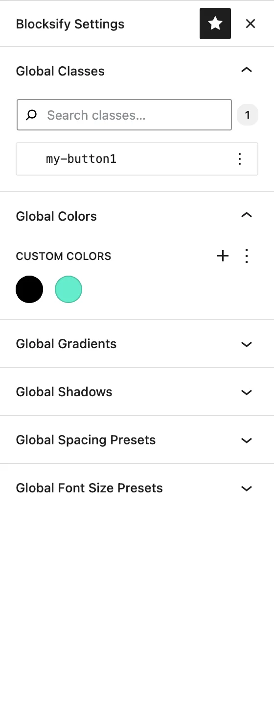 The Blocksify Settings sidebar opens from the WordPress editor menu and lists global design token panels.