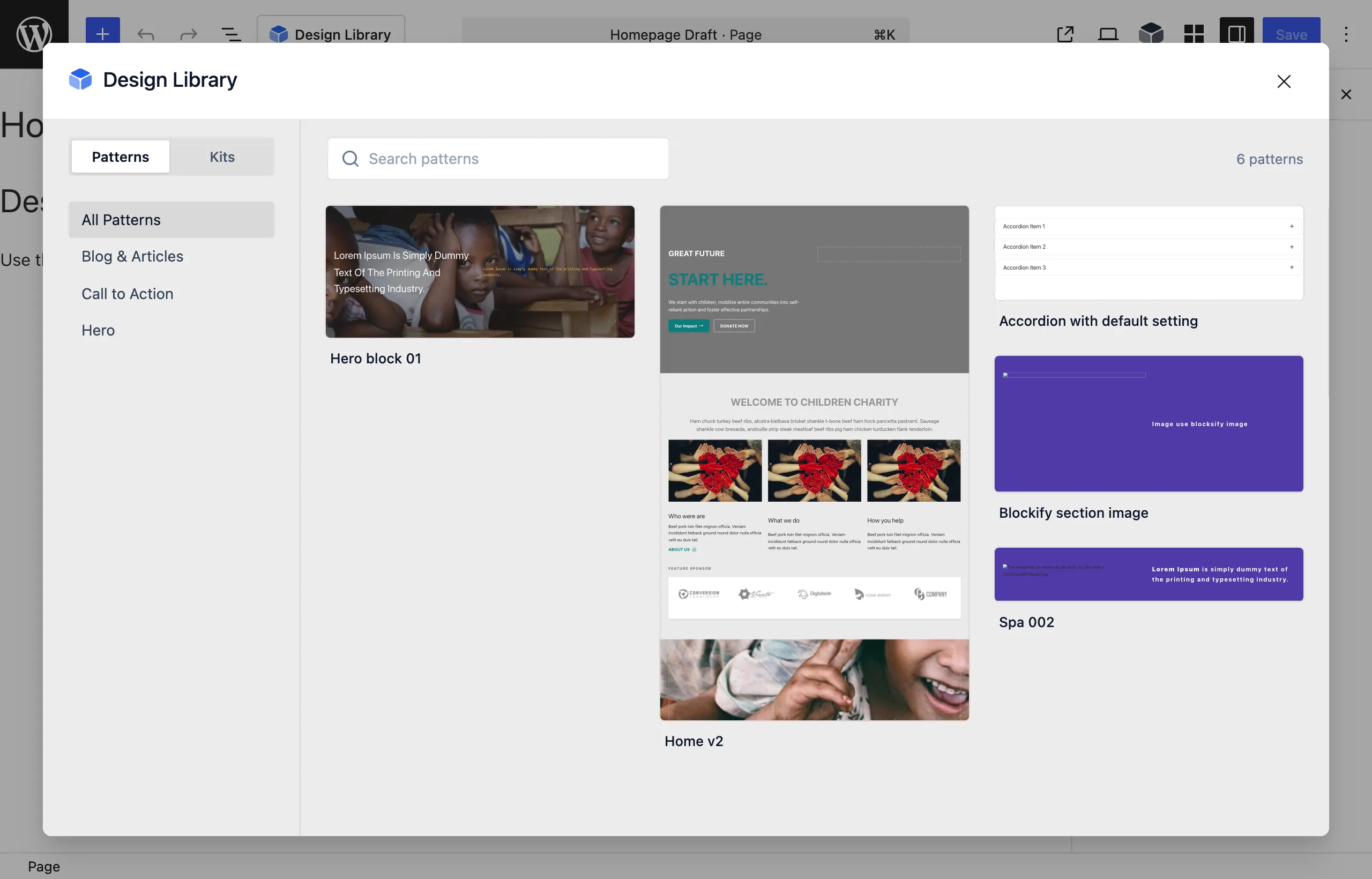 The Design Library launcher opens a modal where the Patterns tab displays searchable pattern cards for insertion.