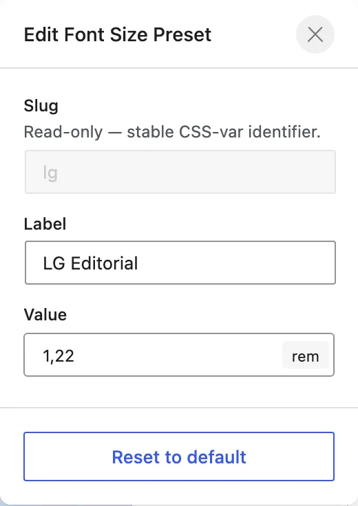 A font-size preset popover shows Slug, Label, Value, and Reset to default controls.
