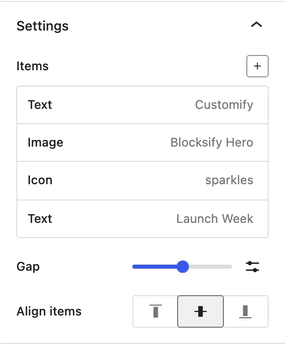 The Marquee Settings panel shows Text, Image, and Icon item rows.