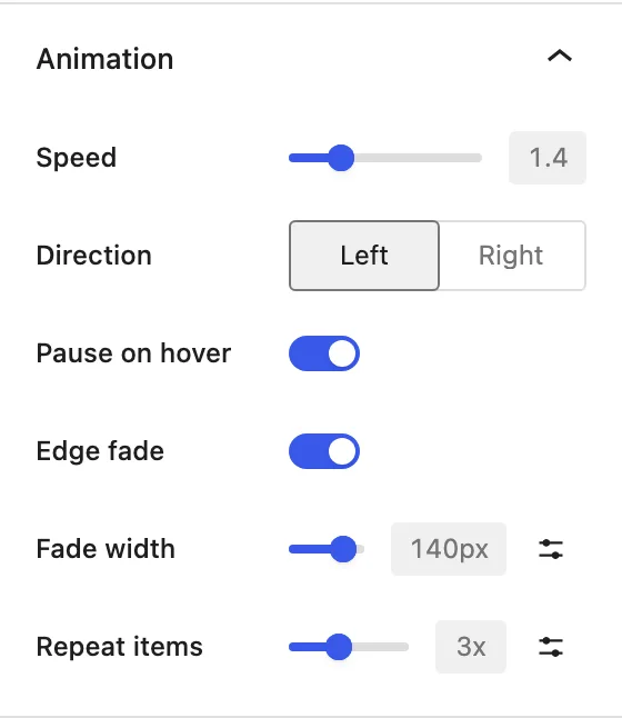 The Marquee Animation panel shows Speed, Direction, Pause on hover, Edge fade, Fade width, and Repeat items controls.