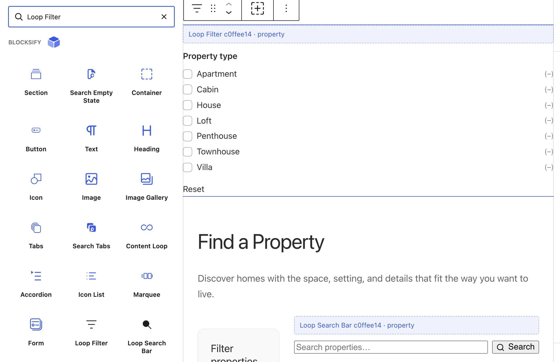 The block inserter shows Loop Filter in the Blocksify results beside the Find a Property canvas, where the new block already displays a Property type facet.