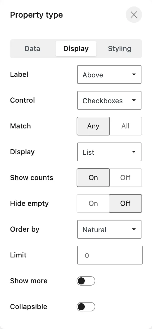 The Property type facet Display tab shows Checkboxes selected for Control and List selected for Display.
