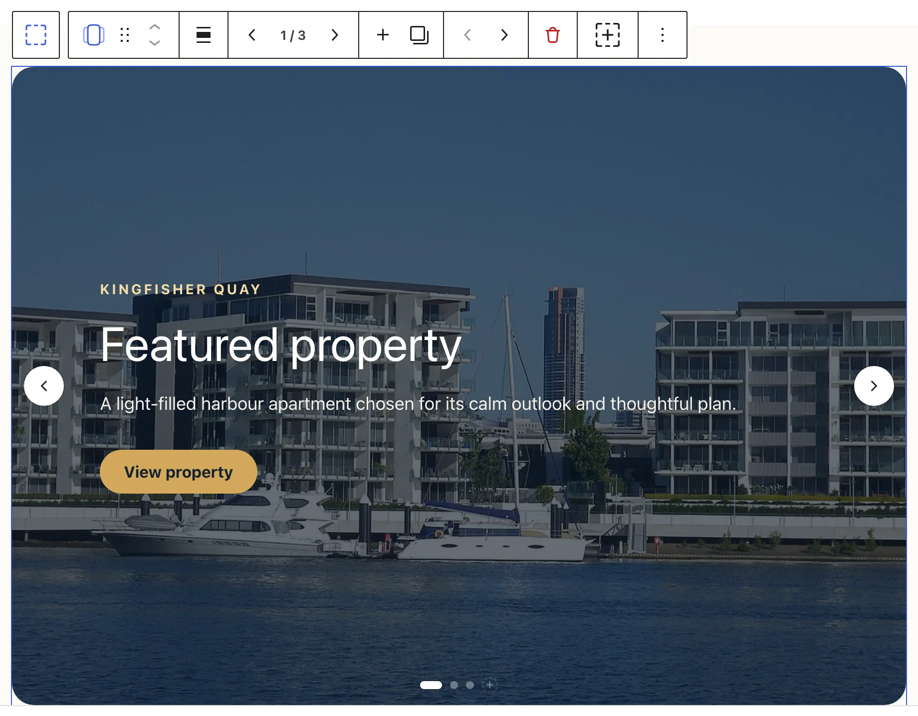The Northstar Studio home page editor shows a newly inserted Slider with a 1 / 3 toolbar counter and a three-dot navigation bar.