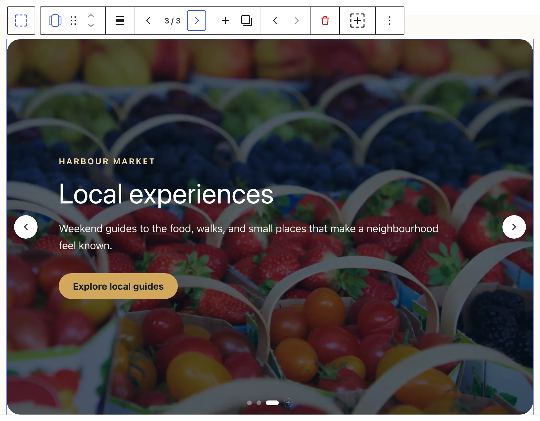The Northstar Studio page editor shows the completed Local experiences slide with the Slider counter at 3 / 3.