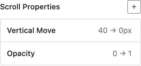 The Scroll Properties controls show Vertical Move changing from 40 to 0 pixels and Opacity changing from 0 to 1.