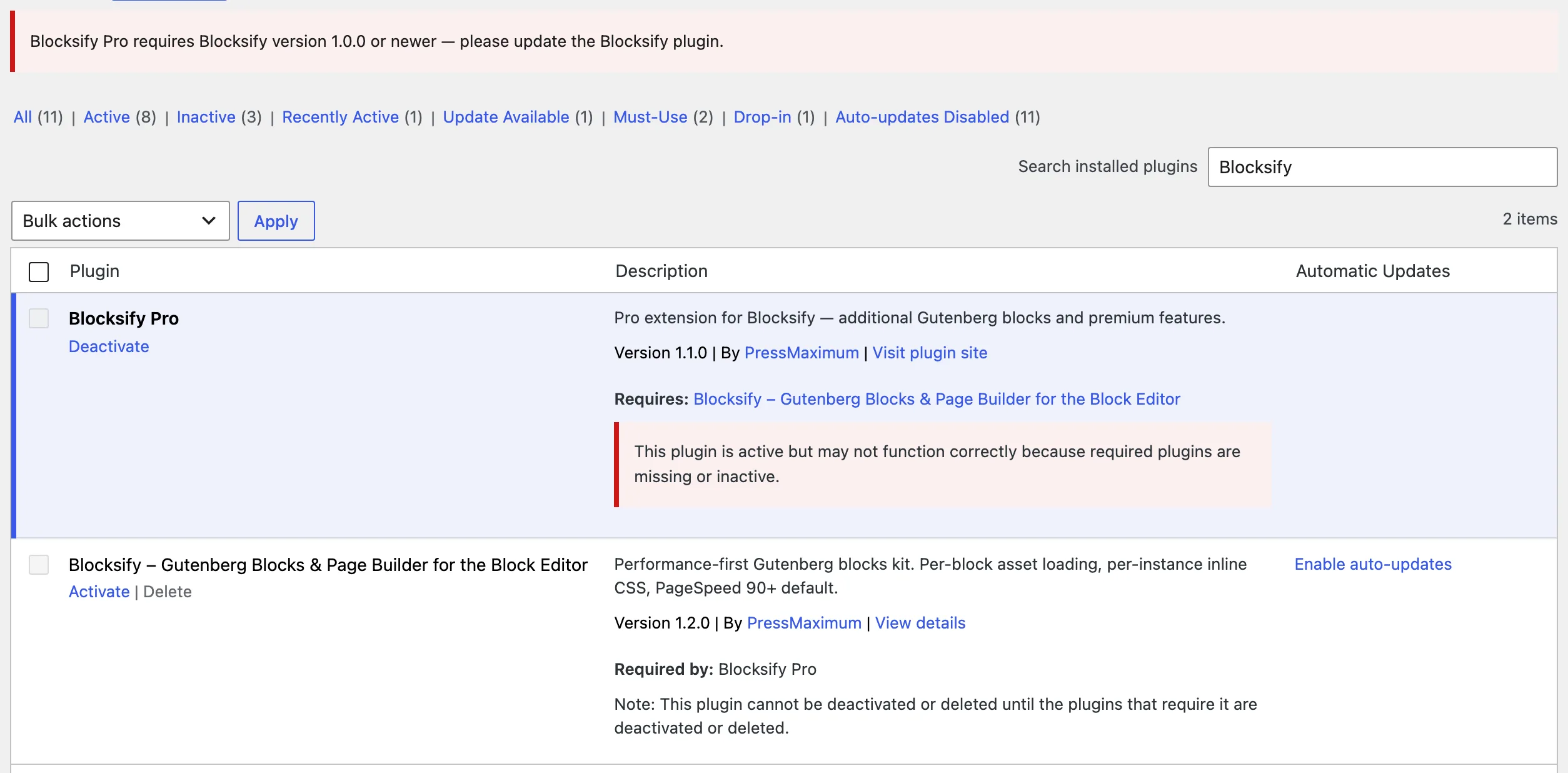 The WordPress Plugins screen shows Blocksify Pro active, Blocksify inactive, and a notice requiring Blocksify version 1.0.0 or newer.