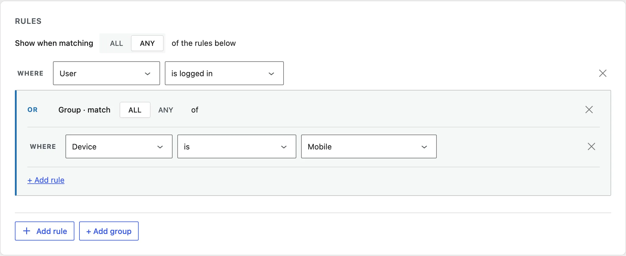 The Rules panel shows a User is logged in rule joined by OR to an ALL group containing a Device is Mobile rule.
