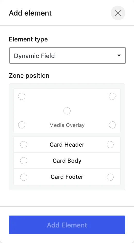 The Add element panel shows Dynamic Field selected above the Media Overlay, Card Header, Card Body, and Card Footer positions.