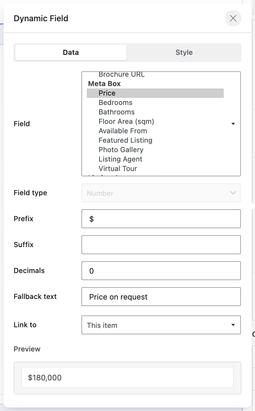 The Dynamic Field menu lists the Meta Box fields Price, Bedrooms, Bathrooms, Floor Area (sqm), Available From, Featured Listing, Photo Gallery, Listing Agent, and Virtual Tour.