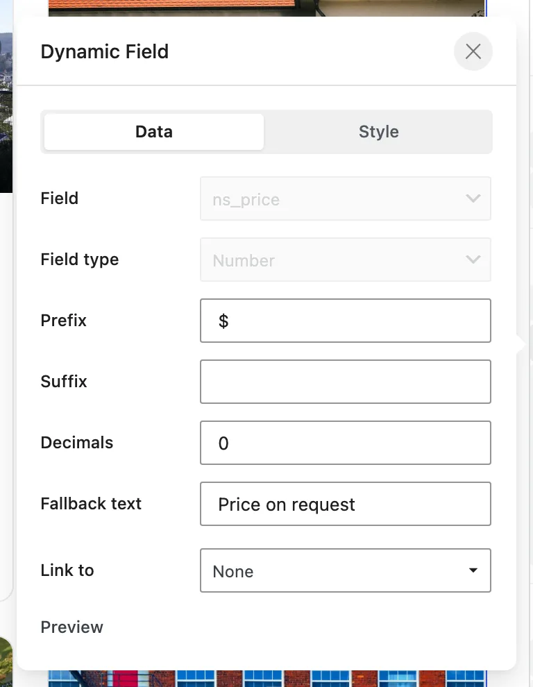 The complete Dynamic Field data popover shows ns_price as a Number with a dollar-sign prefix, zero decimals, Price on request fallback text and no link.