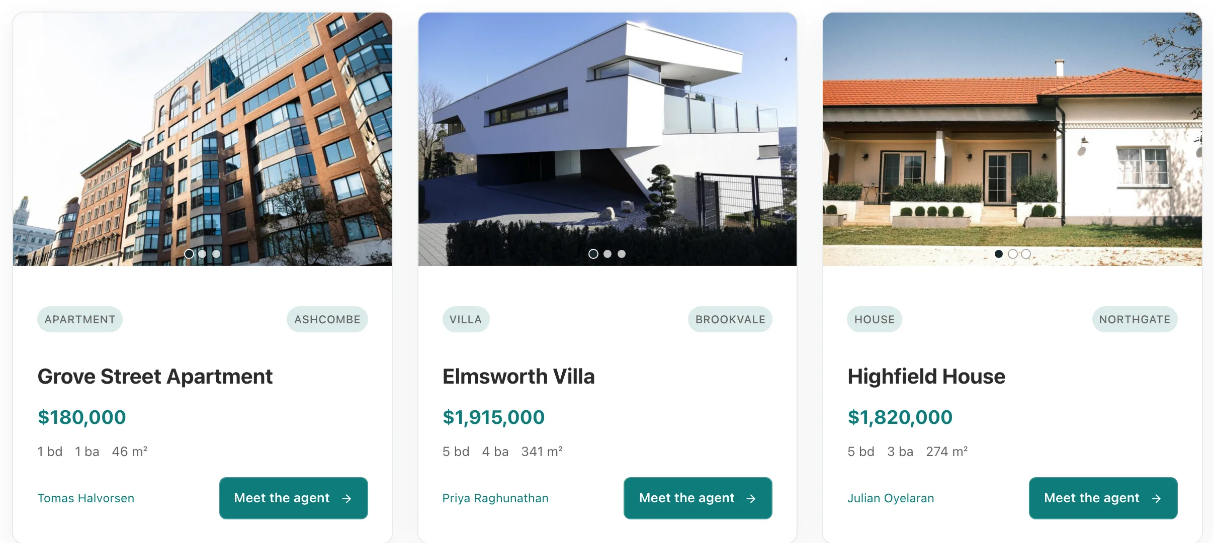 The published Property Cards grid shows three listings with formatted prices, bed, bath and area details, agent names and footer actions.