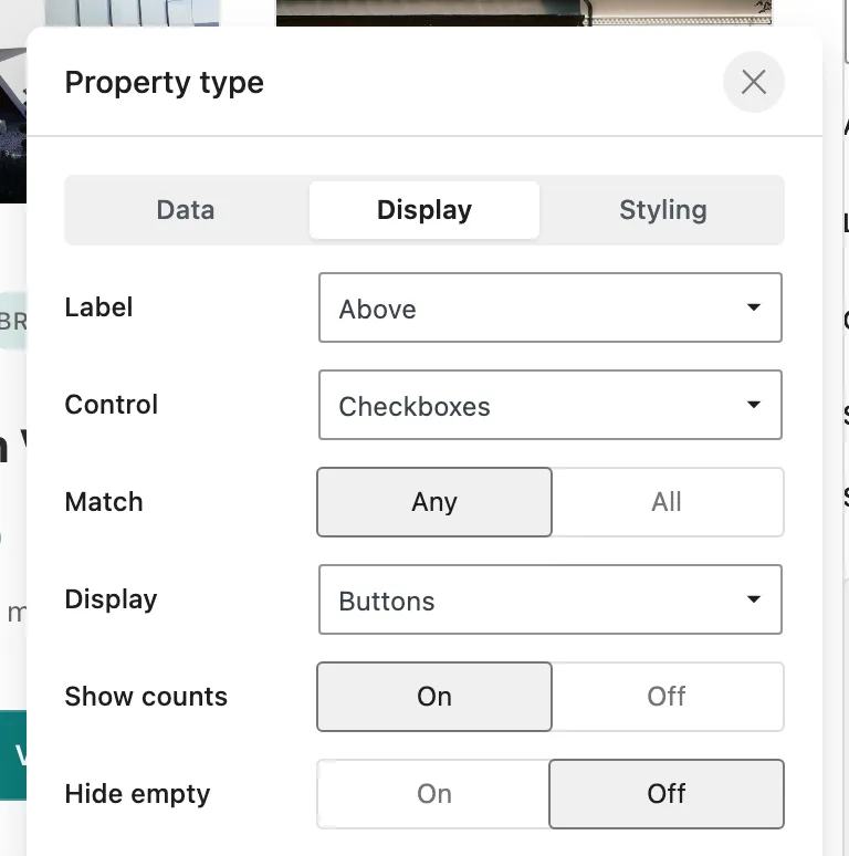 The Property type Display popover shows its Label, Control, Match, Display, Show counts and Hide empty settings in one panel.