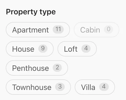 The Find a Property sidebar shows the Property type choices as a vertical checkbox list with result counts.