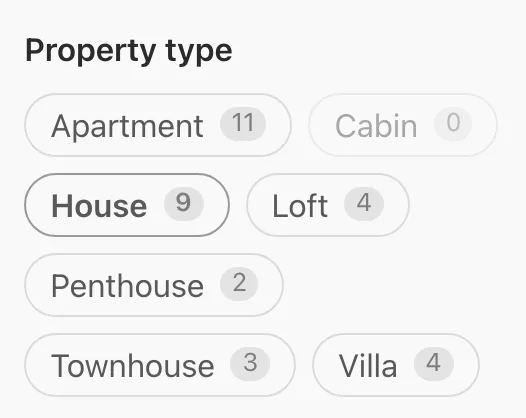 The Find a Property sidebar shows Property type as compact buttons with House selected and result counts beside every choice.