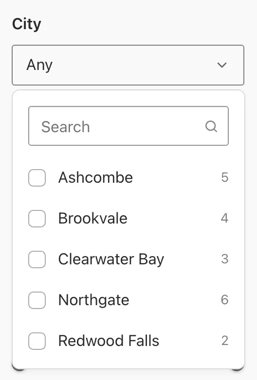 The Find a Property City facet shows its complete open dropdown with a search field and indexed result counts.