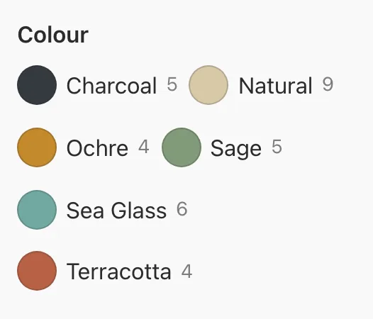 The Colour facet shows six solid home-goods swatches for Charcoal, Natural, Ochre, Sage, Sea Glass and Terracotta with result counts.