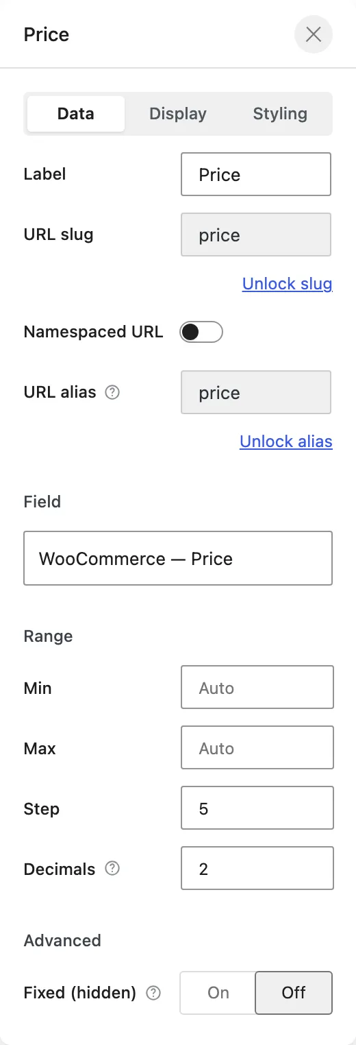 The Price facet Data tab shows WooCommerce — Price selected in Field and its automatic range settings below.