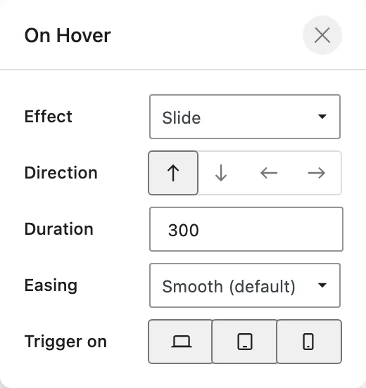 The On Hover settings show the Slide effect, its direction, duration, easing, and Desktop, Tablet, and Mobile Trigger on buttons.
