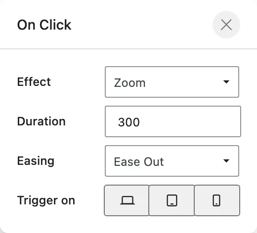 The On Click settings show the Zoom effect with duration, easing, and Desktop, Tablet, and Mobile Trigger on buttons.