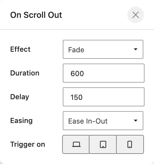 The On Scroll Out settings show the selected effect with duration, delay, easing, and Desktop, Tablet, and Mobile Trigger on buttons.