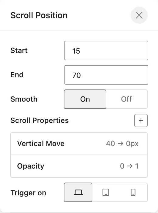 The Scroll Position settings show Vertical Move and Opacity properties with Start, End, Smooth, and Trigger on controls.