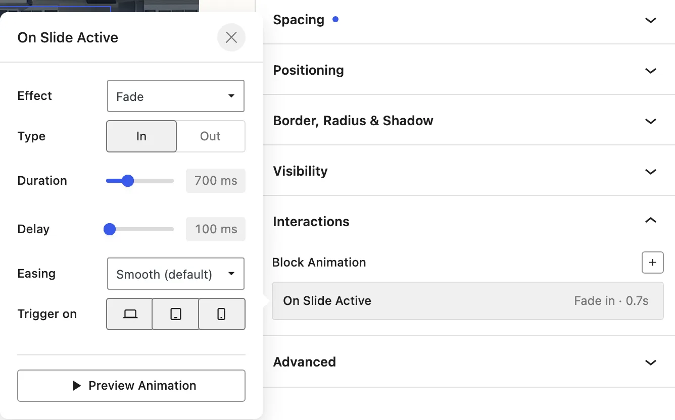 A heading inside a Slide shows the On Slide Active row and its adjacent animation popover with Preview Animation.