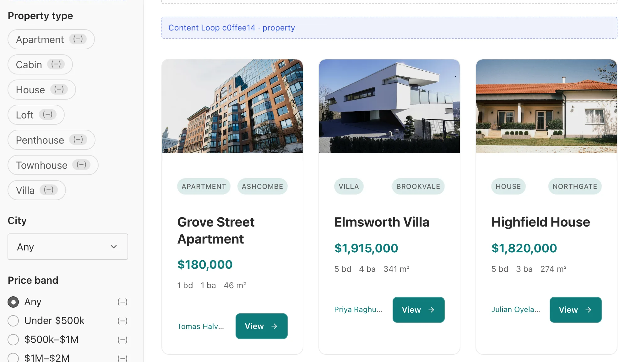 The page editor shows a Loop Filter sidebar with Property type, City and Price band facets beside a three-card property grid.