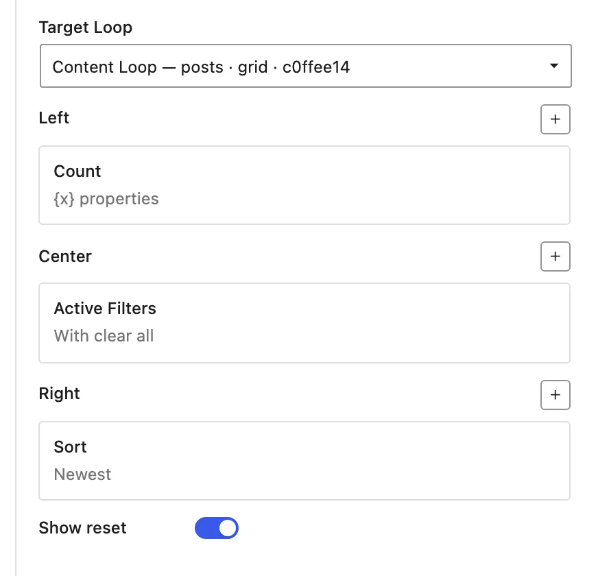 The complete Loop Toolbar settings sidebar shows one configured toolbar part in each of the Left, Center and Right zones.