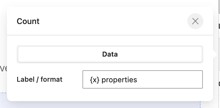 The Count data popover shows Label / format set to {x} properties.
