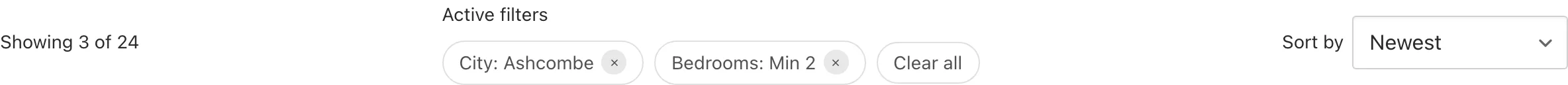 The published Loop Toolbar shows active City and Bedrooms filter chips with a Clear all control.