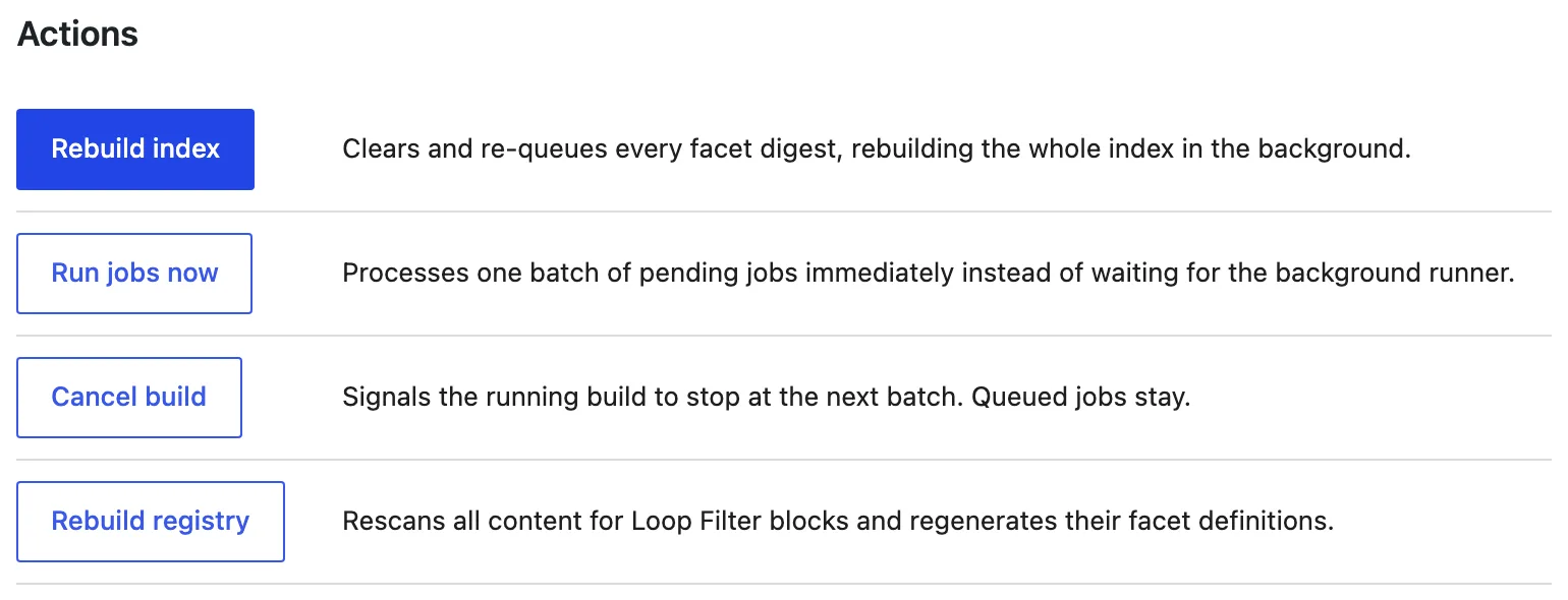 The Actions panel for a pending queue shows Rebuild index, Run jobs now, Cancel build, and Rebuild registry.