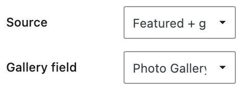 The Media Slider controls show Source set to Featured + gallery and Gallery field set to Photo Gallery.