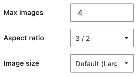 The Media Slider controls show Max images set to 4, Aspect ratio set to 3 / 2, and Image size set to Default (Large).
