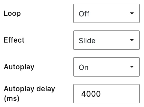 The Media Slider motion controls show Loop set to Off, Effect set to Slide, Autoplay set to On, and Autoplay delay (ms) set to 4000.