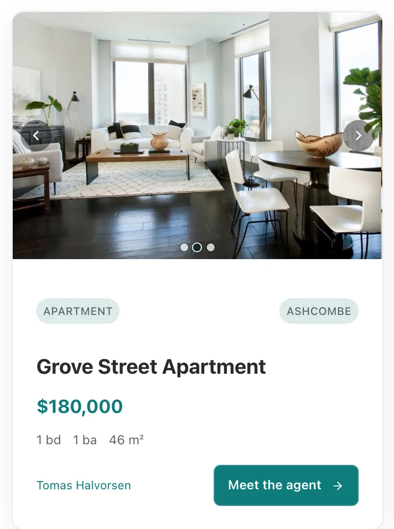 The Grove Street Apartment card shows its second gallery photograph in the Media Slider with both arrows and three navigation dots visible.
