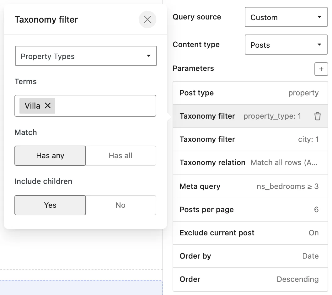 The Content Loop Parameters list shows the Properties post type, property_type and city taxonomy rows, and the Property Types panel with Villa selected.