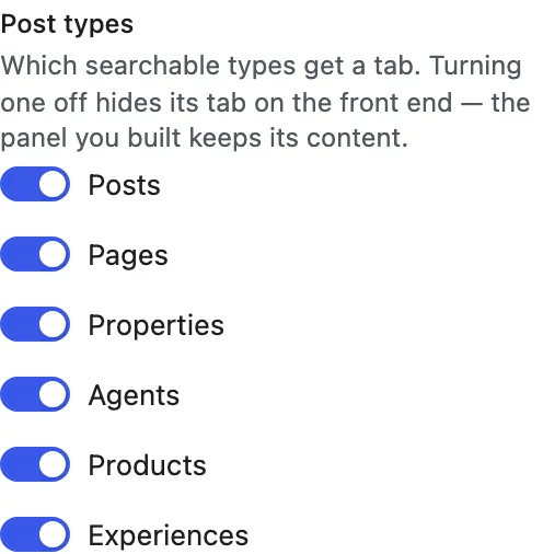 The Post types list in the Search tabs panel shows Posts, Pages, Properties, Agents, Products, and Experiences enabled in WordPress registration order.