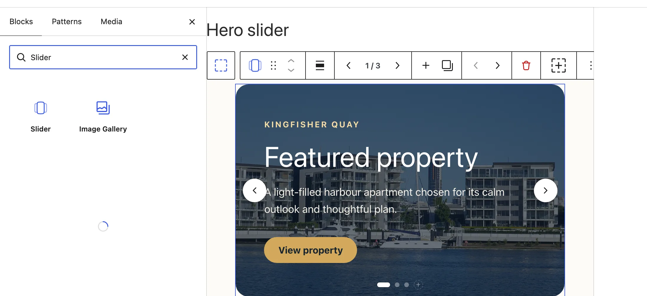 The Northstar Studio page editor shows the Blocksify inserter beside a newly inserted Slider with three seeded slides.