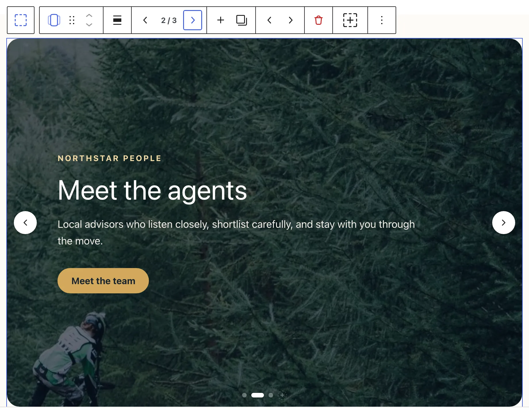 The Slider toolbar shows the second slide active, a 2 / 3 counter, and the complete three-dot navigation bar.