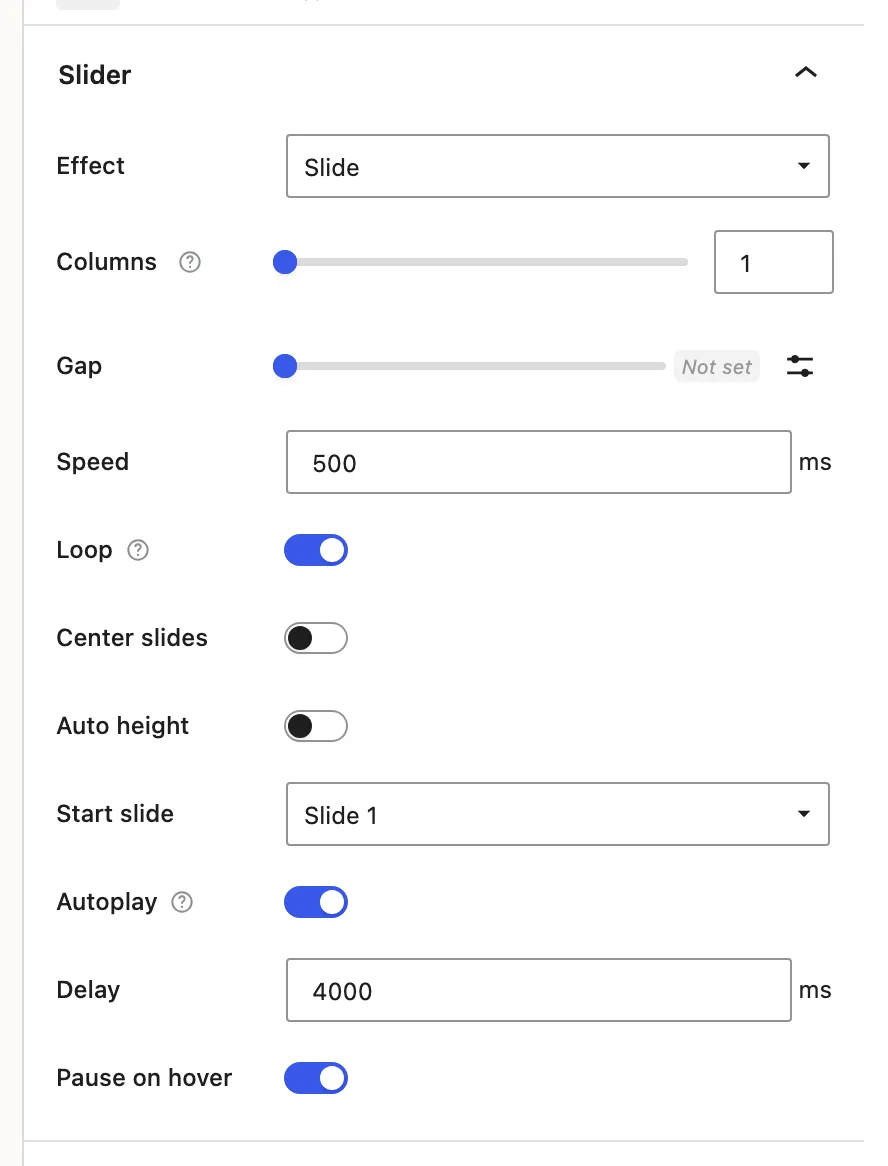 The Slider settings panel shows Autoplay enabled, Delay set to 4000 milliseconds, and Pause on hover enabled.