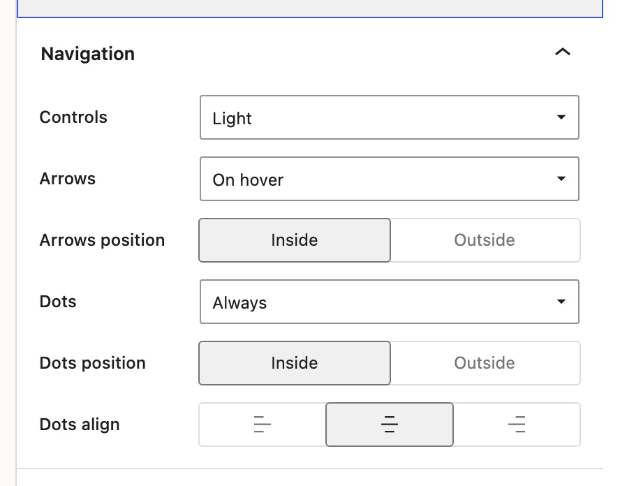 The Navigation panel shows Light controls, On hover arrows positioned Inside, and Always-visible dots positioned Inside and aligned Center.