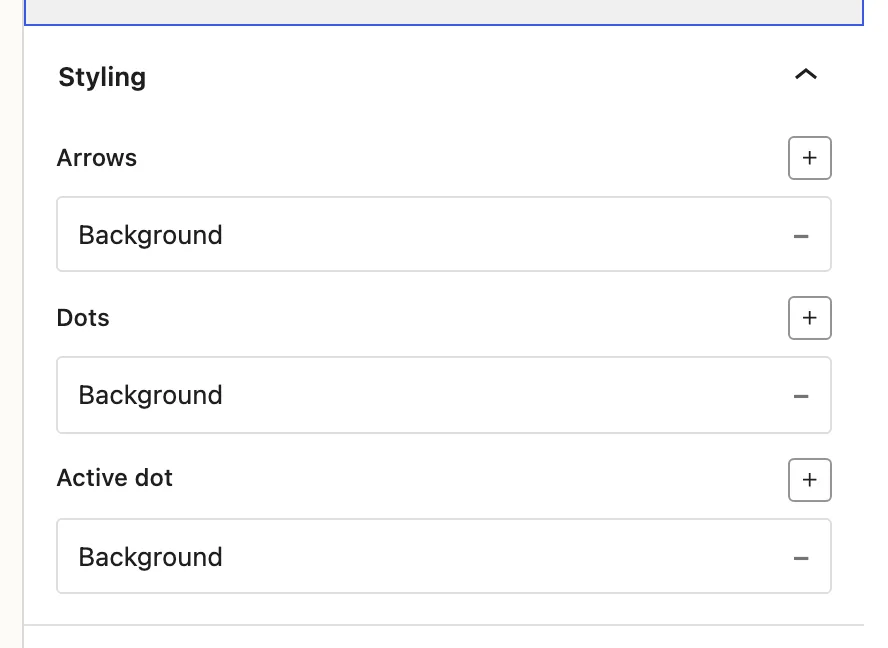The Styling panel shows the Arrows, Dots, and Active dot controls in that order.