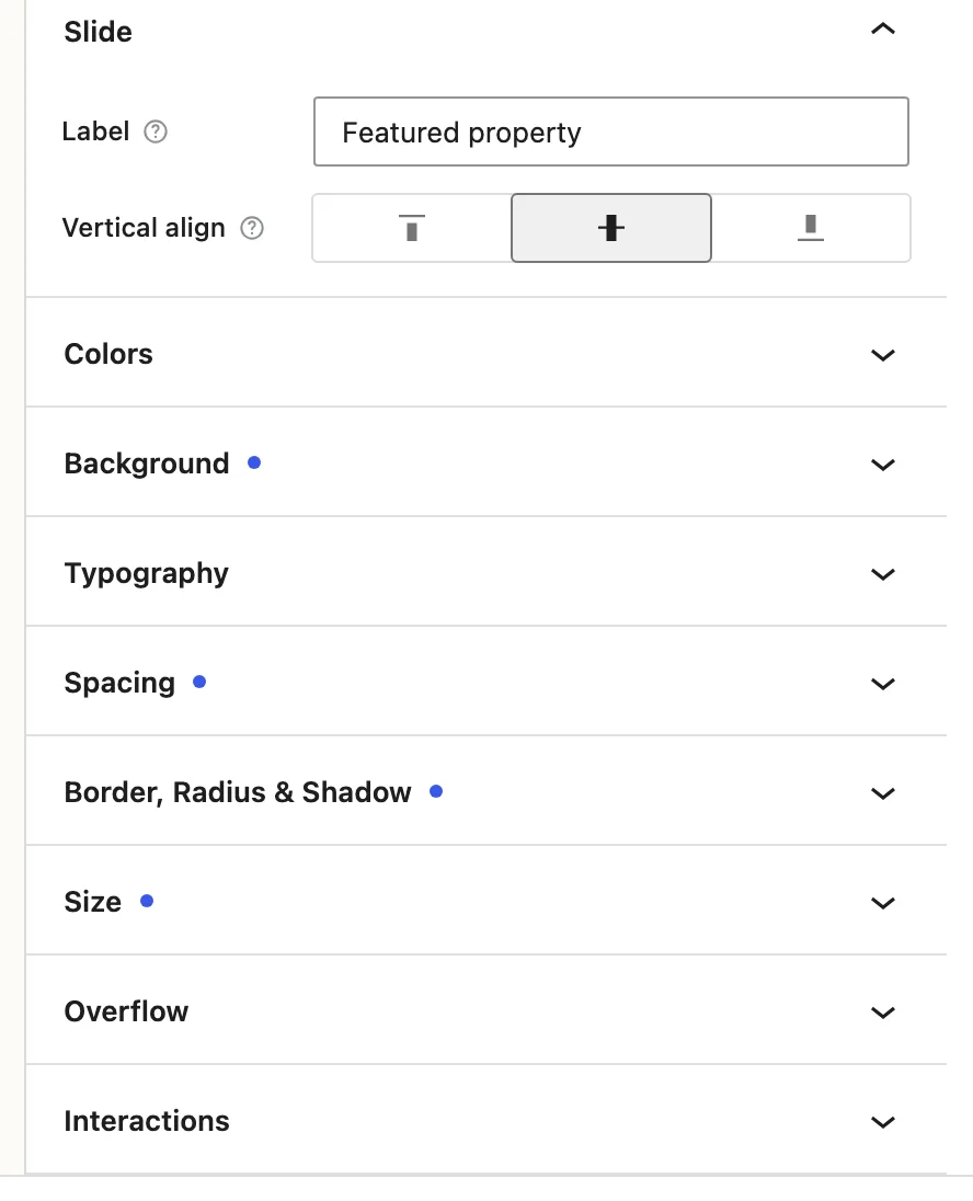 The Featured property Slide settings show Label before Vertical align, which is set to Middle, followed by the Background and Interactions panels.